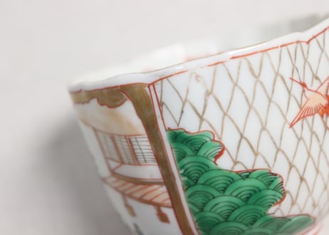 明治前期色絵網手に鶴と梅に鶯図通り物向付①