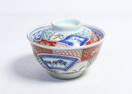 江戸幕末色絵松竹梅と幾何学文割絵蓋茶碗
