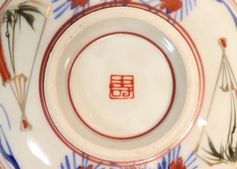 昭和戦前色絵松と扇図蓋付丼