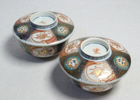 明治前期色絵麒麟と龍図蒸茶碗