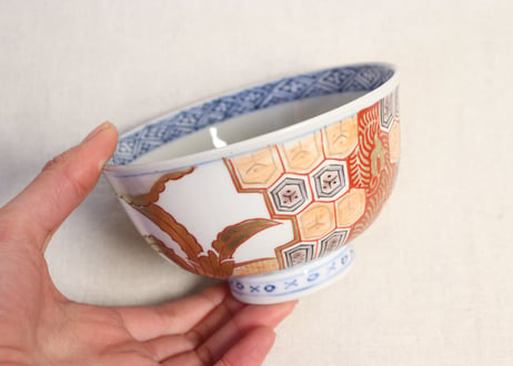 明治前期色絵芭蕉と亀甲図飯茶碗 釉剥げ