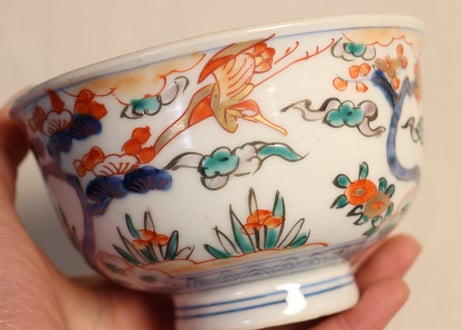 明治前期色絵花鳥に舟図飯茶碗　黒点