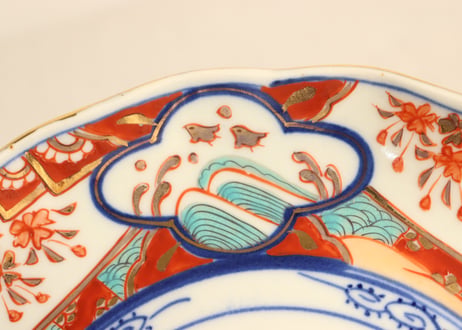 明治後期～大正色絵桜と波千鳥図通り物7寸皿②フリモノ