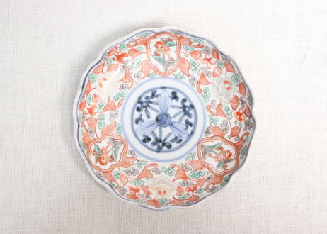 明治前期色絵鳥と牡丹図通り物小皿