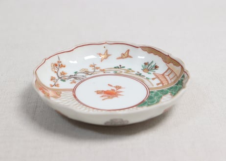 明治前期色絵網手に鶴と梅に鶯図通り物小皿①