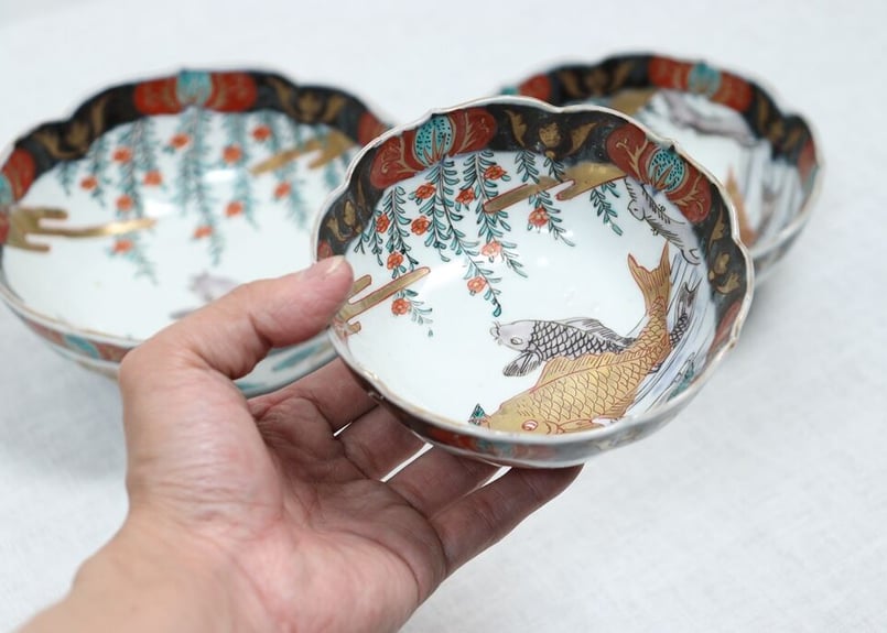 明治前期 色絵 花籠 龍と鳳凰 唐花 蝶 輪花 大鉢 明治前期 色絵 花籠