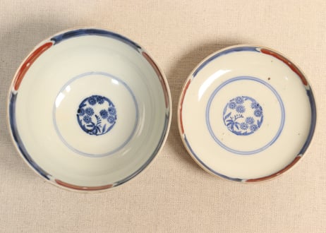 明治前期色絵獅子牡丹と幾何学文図飯茶碗①