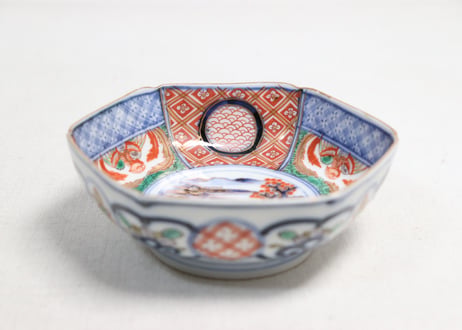 明治前期大聖寺焼色絵山水に鳳凰と幾何学文六角小鉢
