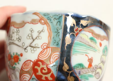 明治前期色絵梅と山水図向付②釉剥げ