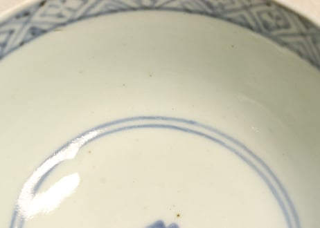 江戸中期染付雪輪図飯茶碗 窯傷,あたり傷,少甘手