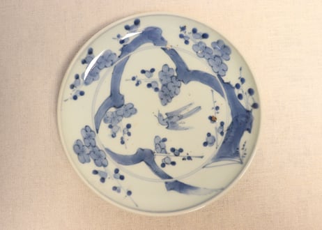 江戸中期染付梅に鶯図7寸皿①　フリモノ