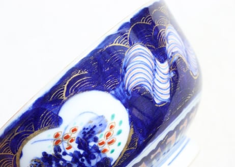 明治前期色絵草花に波図蒸茶碗①　 色擦れ
