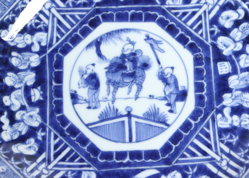 江戸初期呉須六角型豆皿超極上山水人物 月夜のウサギ図1客完品に近