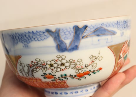 明治前期色絵柴垣に梅と龍図通り物蒸茶碗