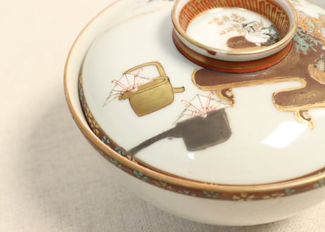 明治前期九谷焼色絵高砂図飯茶碗②蓋ノミホツ,高台ホツ