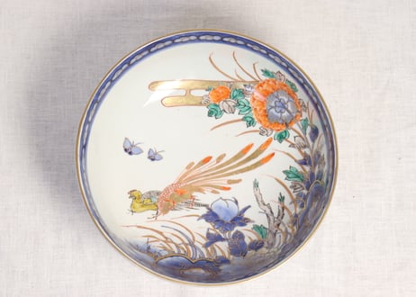 明治前期色絵牡丹と孔雀図8寸鉢