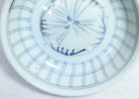 江戸幕末染付格子文図なます皿　膨れ