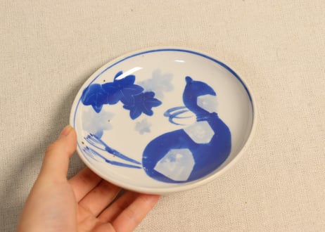 大正~昭和戦前染付紅葉と瓢箪図小皿 フリモノ