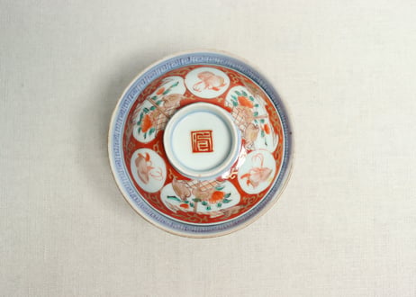明治前期色絵瓢箪に蝶と花鳥図飯茶碗①