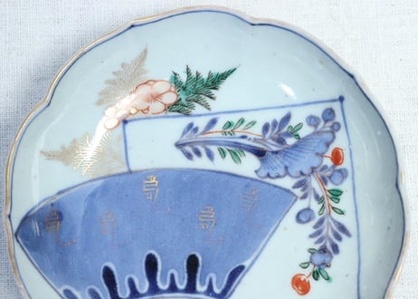 江戸中期色絵扇面に牡丹と羊歯図なます皿　5客組　１客高台ホツ