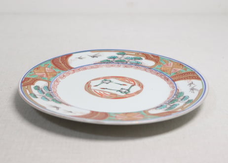 明治前期色絵三方に松と鳥図7寸皿