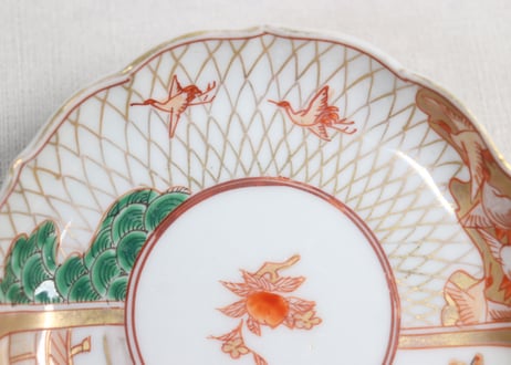 明治前期色絵網手に鶴と梅に鶯図通り物小皿①