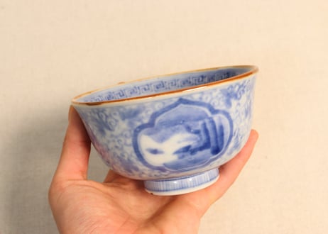 明治前期染付三方に山水窓絵と萩唐草図イゲ縁通り物飯茶碗