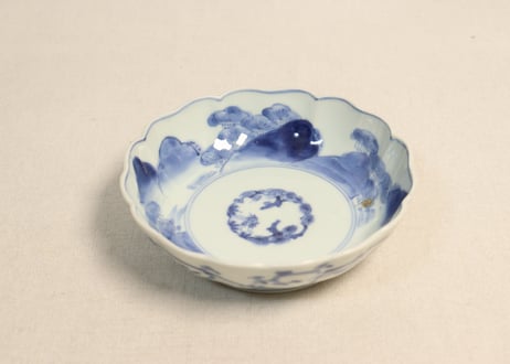 江戸中期染付松と山図なます皿 フリモノ,少かたつき