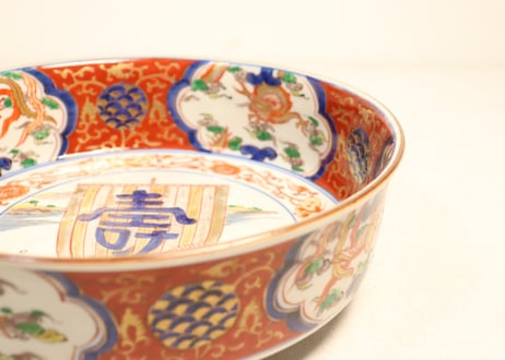 明治前期色絵帆掛け舟に龍と鳳凰図8寸鉢