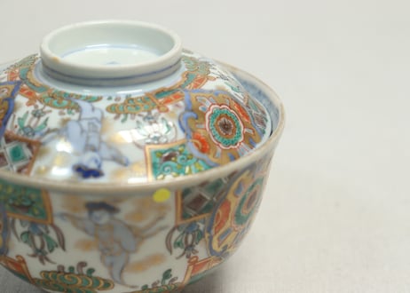 明治前期色絵獅子牡丹と人物図通り物飯茶碗②少甘手