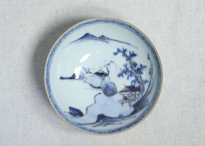名作 明治前期九谷焼金彩染付山水図通り物小碗 | 吉祥寺PukuPuku 工芸品