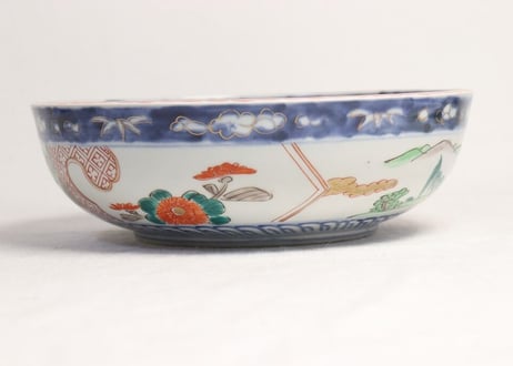 明治前期色絵鳥と巾着袋図三ツ組鉢 中サイズ釉剥げ