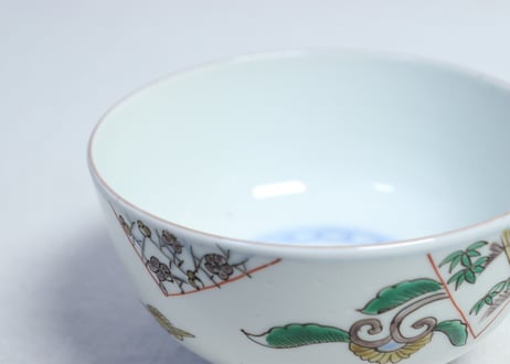 明治前期色絵麒麟に花鳥図蒸茶碗  フリモノ