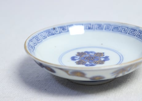 明治前期金彩染付松竹梅図通り物飯茶碗