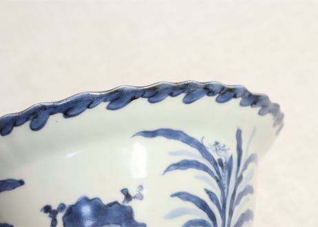 江戸後期染付山水と草花図7寸鉢