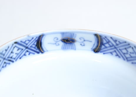 明治前期色絵牡丹と山水図蓋茶碗　5客組　小ニュウ有り