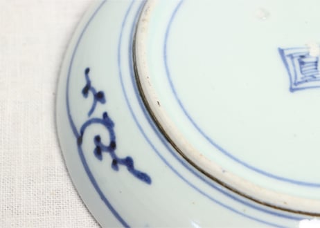 江戸中期染付流水に牡丹と障子図6.5寸皿