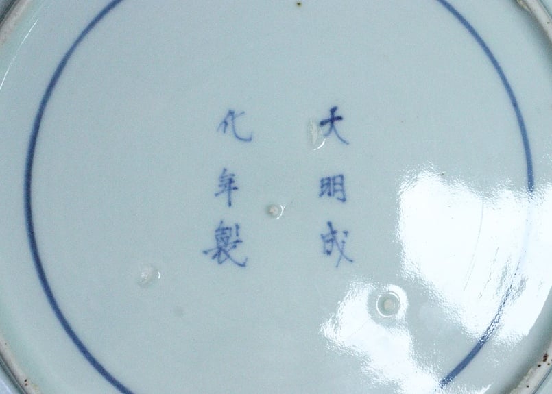 江戸中期コンニャク印判団龍と菊図7寸皿① 見込み落ちかたつき,ニュウ