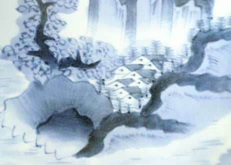 江戸幕末染付山水図ダミ縁尺皿