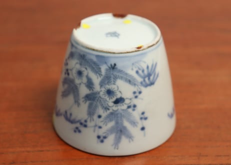 江戸中期紙刷古印判松竹梅図猪口　直し,高台小ホツ