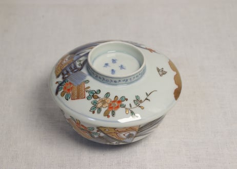 明治前期色絵春蘭と椿図通り物蒸茶碗