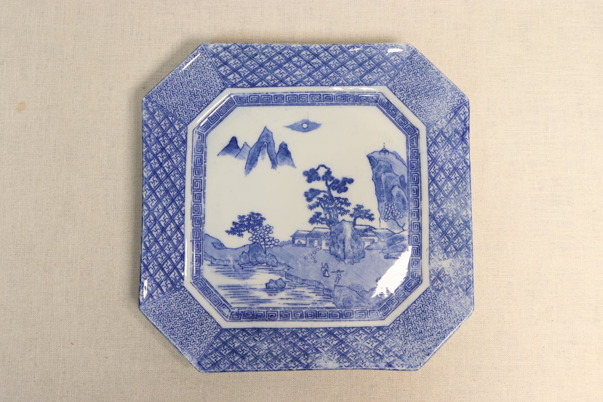 印判 皿 2枚 山水 書 明治 大正 昭和初期 欠け 印判 皿 2枚 山水