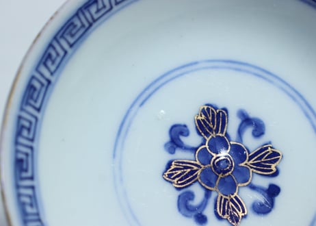 明治前期金彩染付松竹梅図通り物飯茶碗