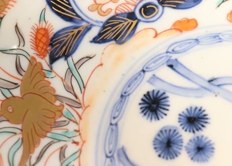明治前期色絵芦に鳥と牡丹図通り物7寸皿①