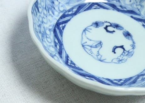 江戸幕末染付線描き牡丹図なます皿
