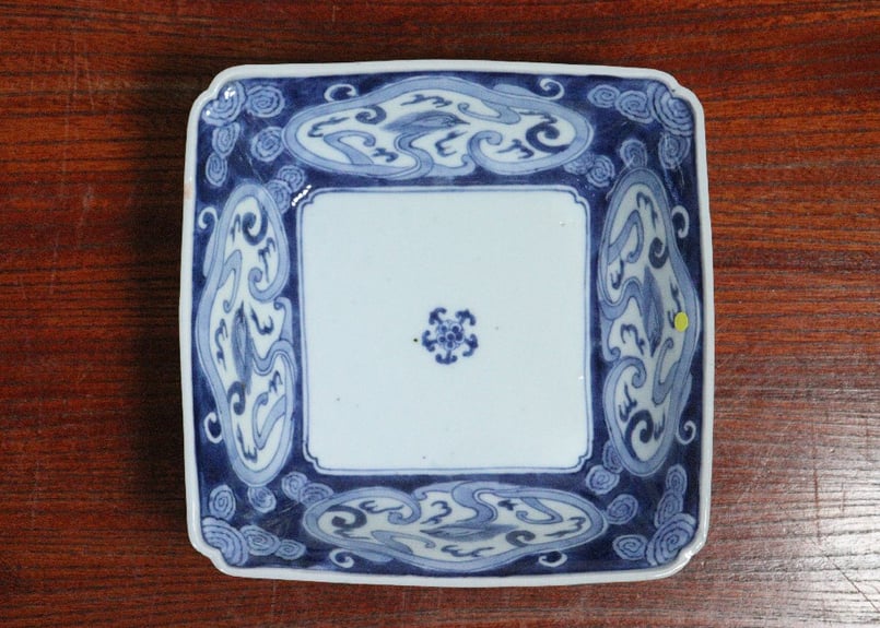 古伊万里 花唐草に松竹梅図 二重角福銘 江戸中期 角皿
