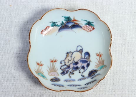 江戸中期色絵馬図四弁通り物小皿 　5客組