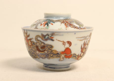 明治前期色絵龍と宝珠に人物図通り物飯茶碗②蓋少甘手