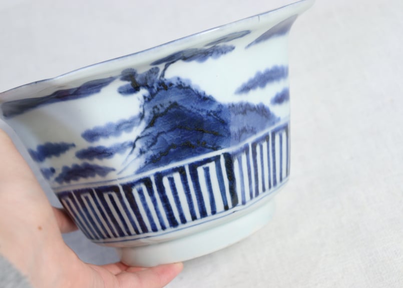 日本美術 染付 風景図 山水図　植木カバー　アンティーク　ビンテージ 日本美術 染付 風景図 山水図 植木カバー アンティーク ビンテージ