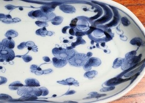 江戸中期染付流水に菊図舟形皿①